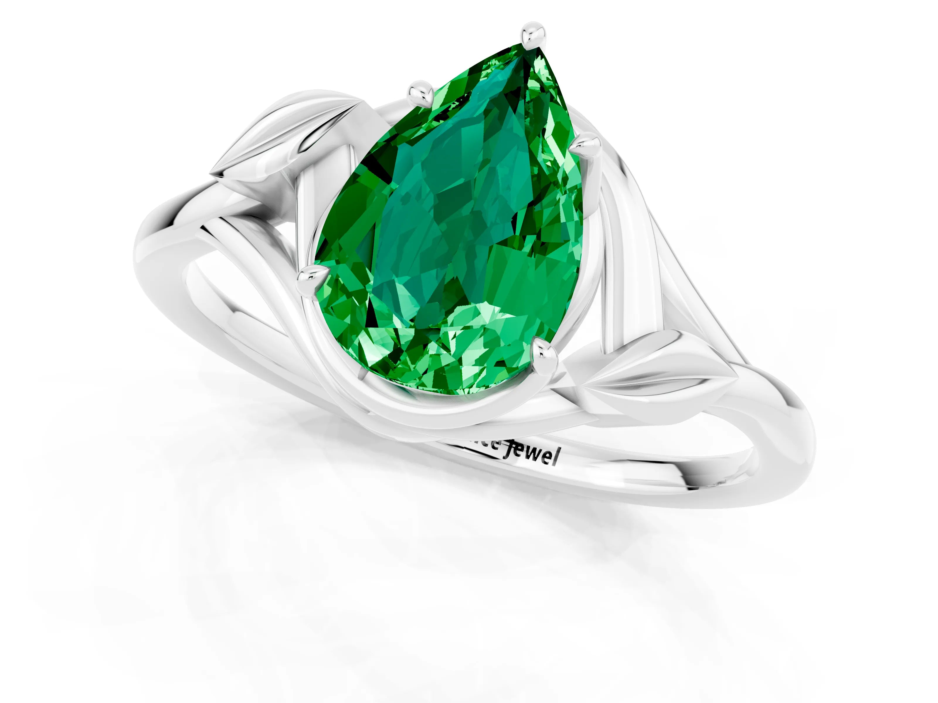 White gold Pear Cut Emerald Solitaire Ring with Twist Band and Four-Prong Setting_13