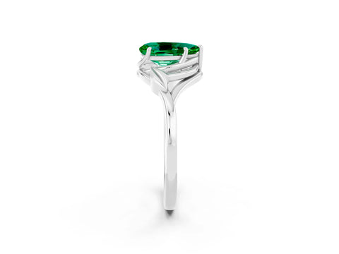 White gold Pear Cut Emerald Solitaire Ring with Twist Band and Four-Prong Setting_14