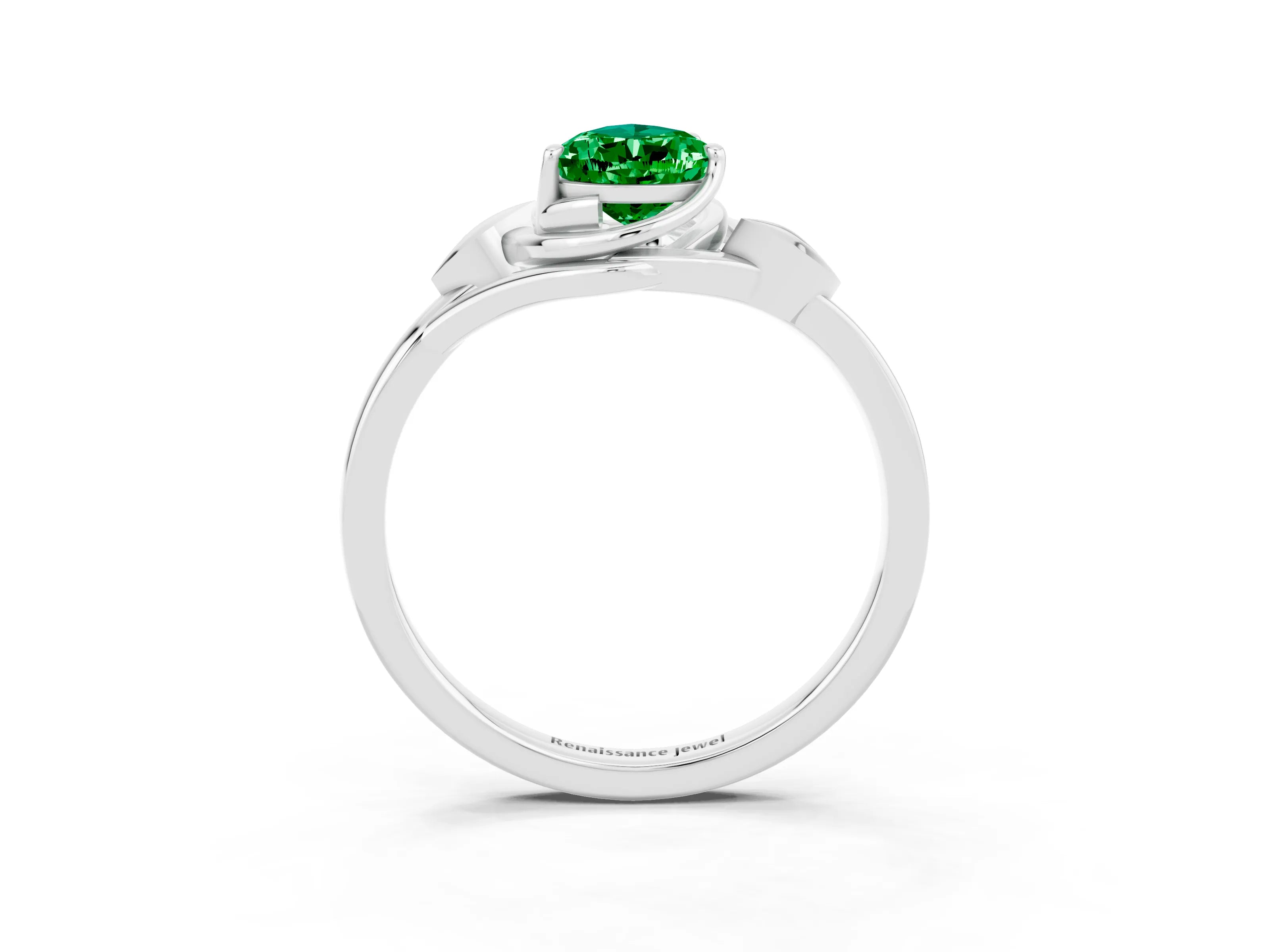 White gold Pear Cut Emerald Solitaire Ring with Twist Band and Four-Prong Setting_15