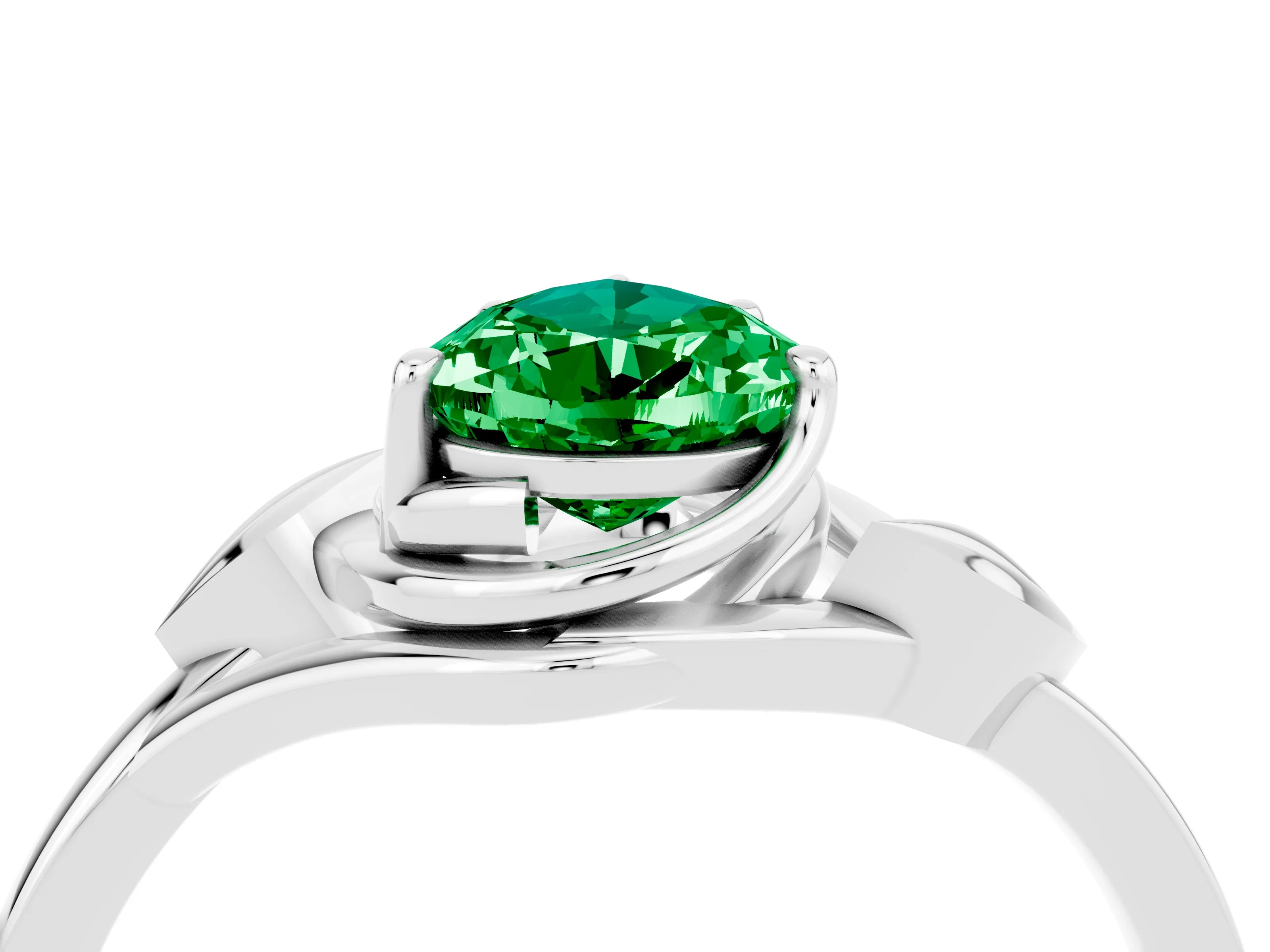 White gold Pear Cut Emerald Solitaire Ring with Twist Band and Four-Prong Setting_40