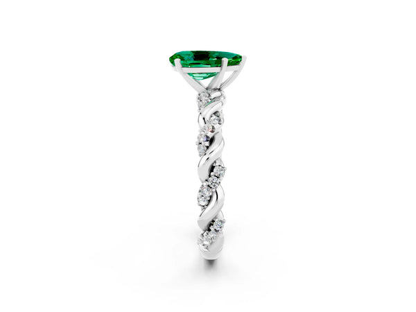 White gold Pear Cut Emerald Solitaire Ring with Twisted Band and Pavé Accents