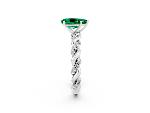 White gold Pear Cut Emerald Solitaire Ring with Twisted Band and Pavé Accents_2