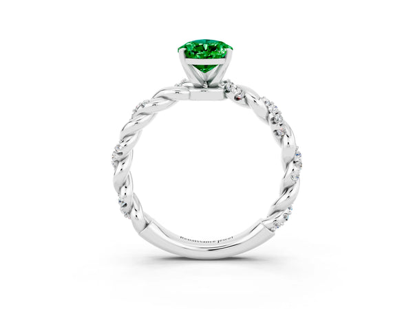 Platinum Pear Cut Emerald Solitaire Ring with Twisted Band and Pavé Accents