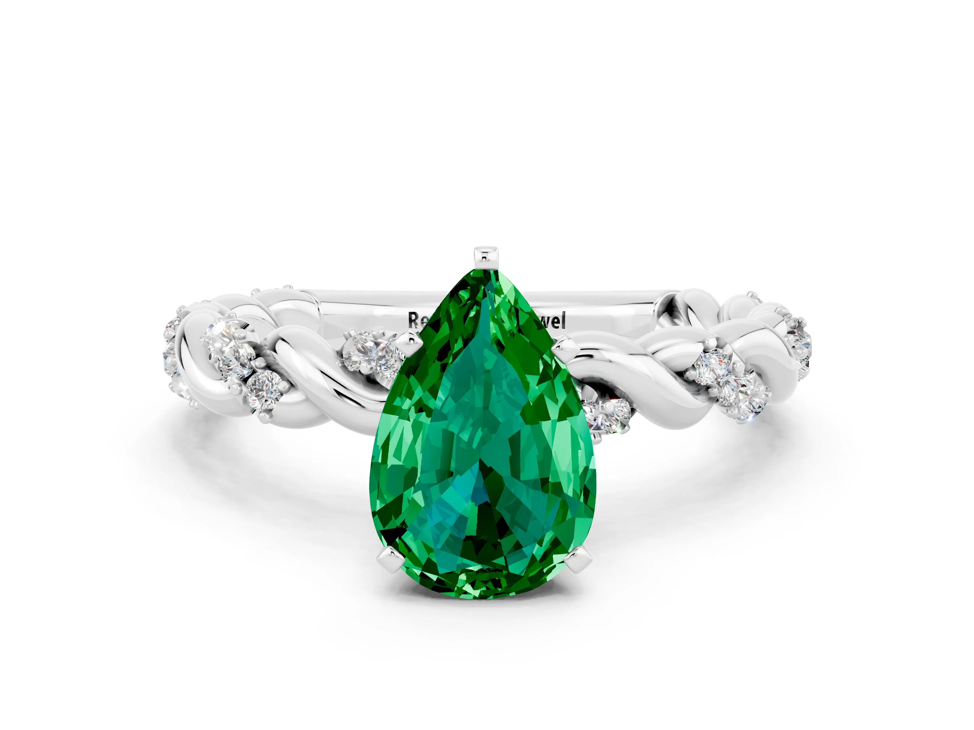 White gold Pear Cut Emerald Solitaire Ring with Twisted Band and Pavé Accents