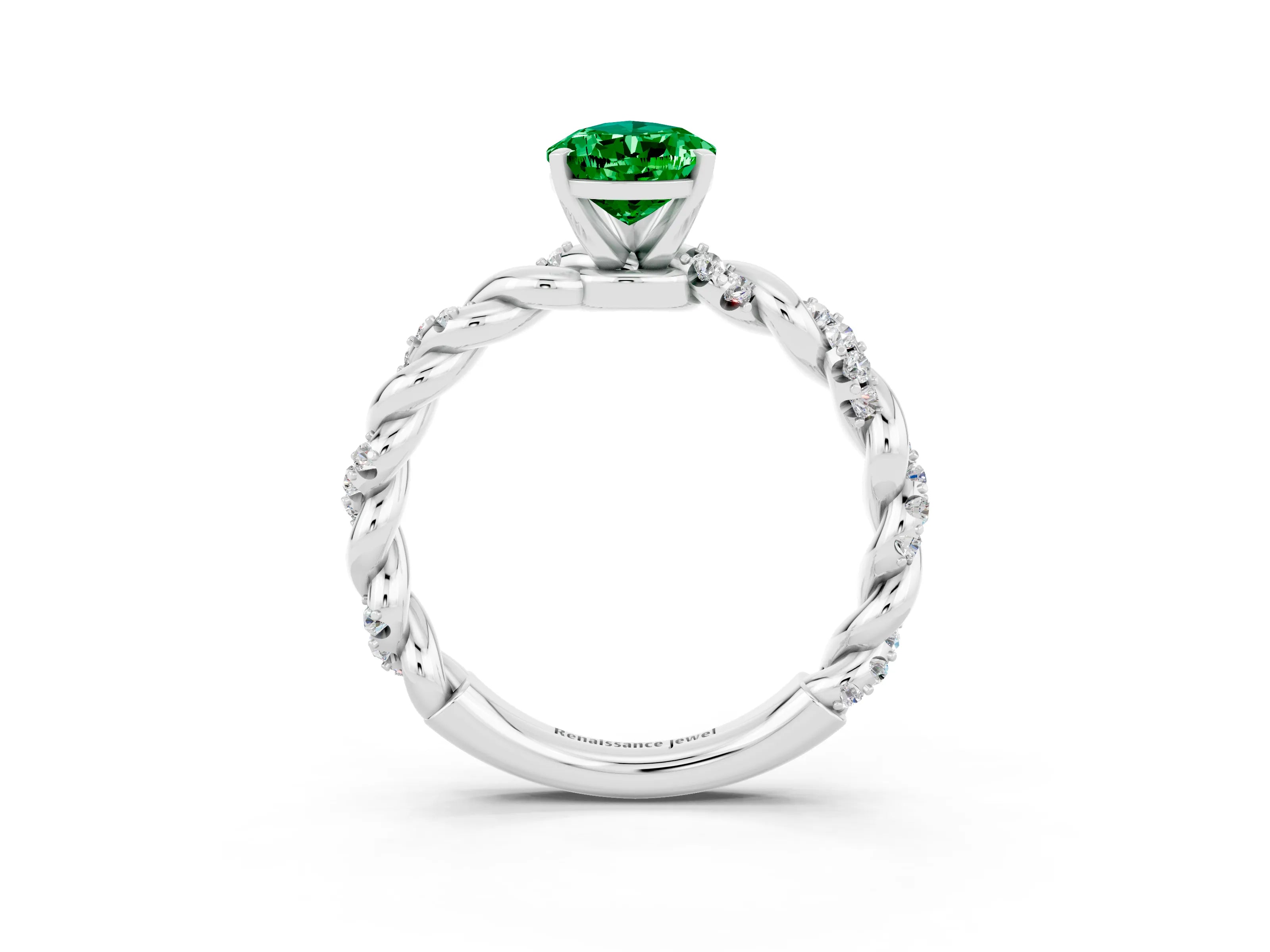 White gold Pear Cut Emerald Solitaire Ring with Twisted Band and Pavé Accents_3