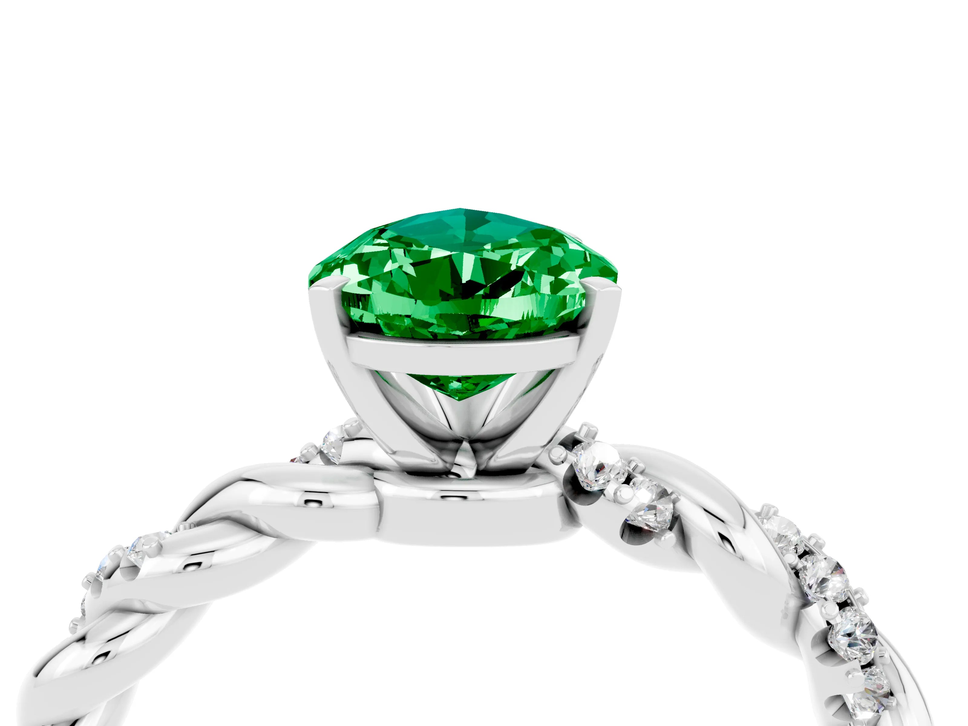 White gold Pear Cut Emerald Solitaire Ring with Twisted Band and Pavé Accents_4