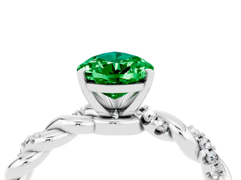 White gold Pear Cut Emerald Solitaire Ring with Twisted Band and Pavé Accents_4