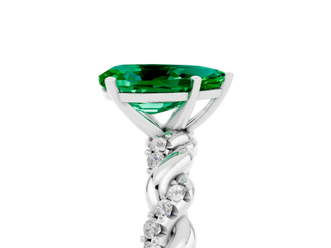 White gold Pear Cut Emerald Solitaire Ring with Twisted Band and Pavé Accents_5