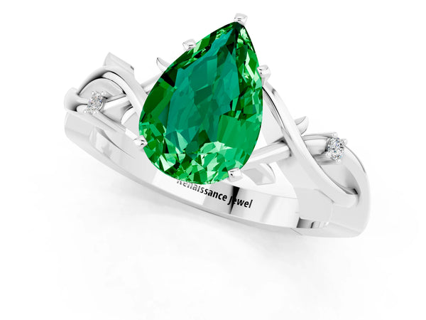 Platinum Pear Cut Emerald Solitaire Ring with Twisted Band and Prong Setting