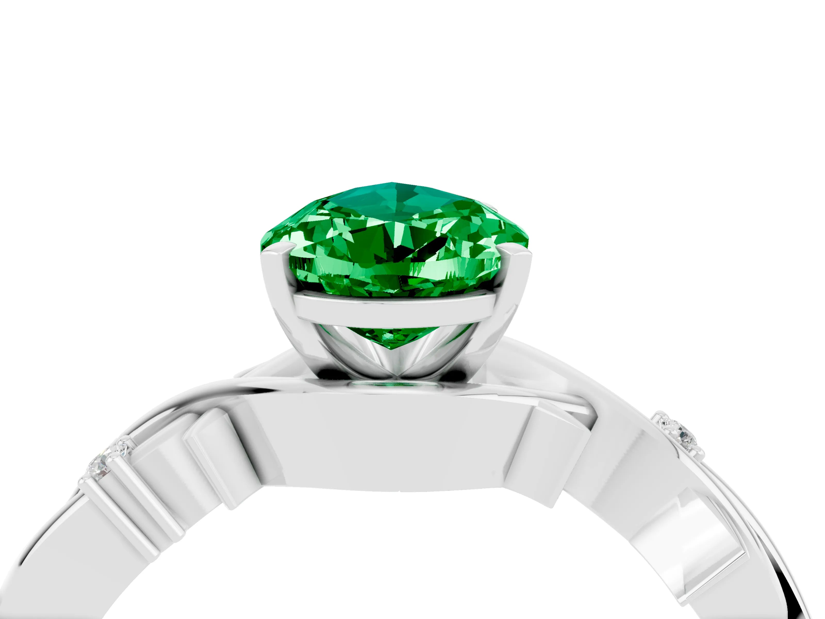 White gold Pear Cut Emerald Solitaire Ring with Twisted Band and Prong Setting_16