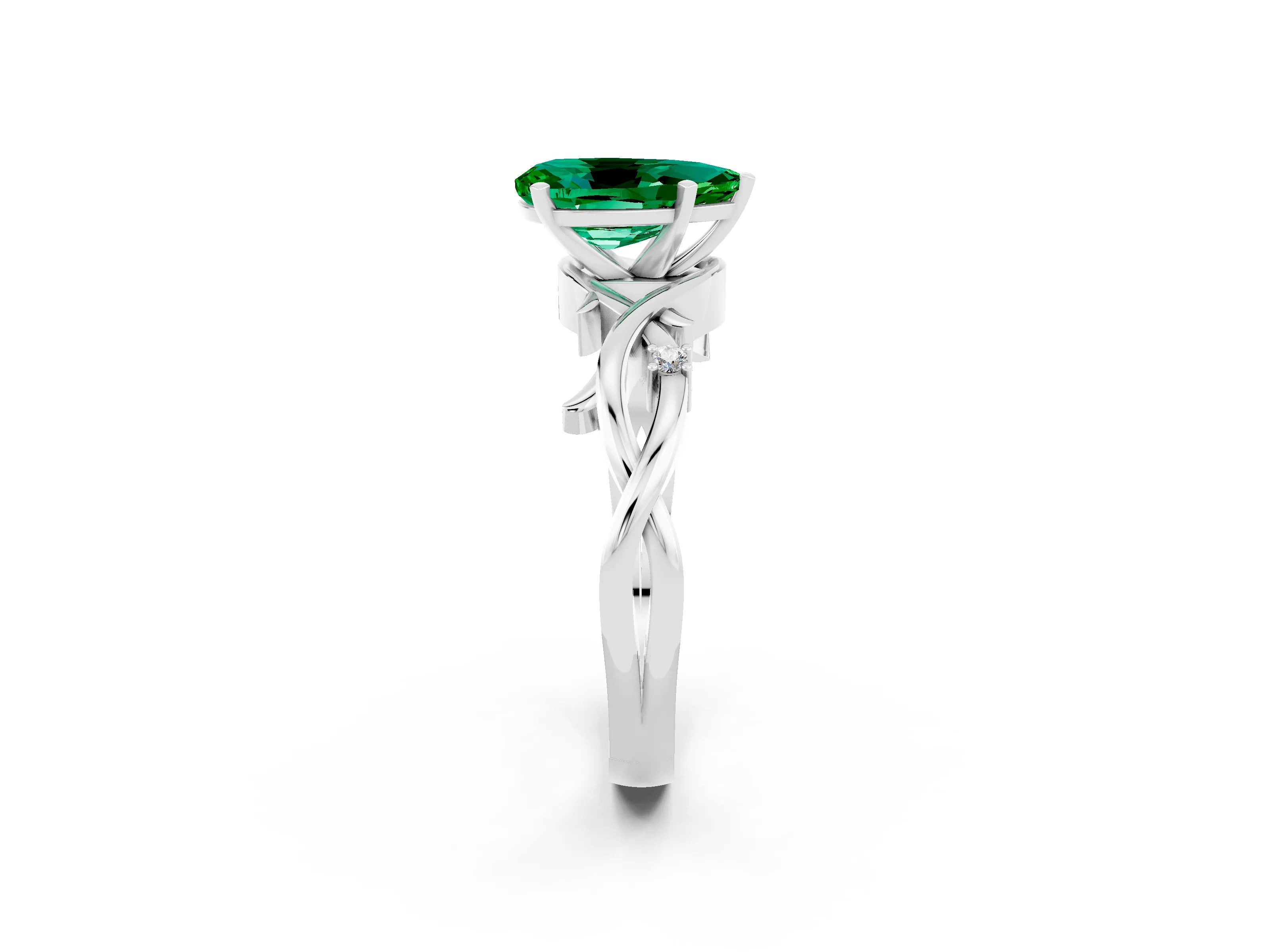 White gold Pear Cut Emerald Solitaire Ring with Twisted Band and Prong Setting_2
