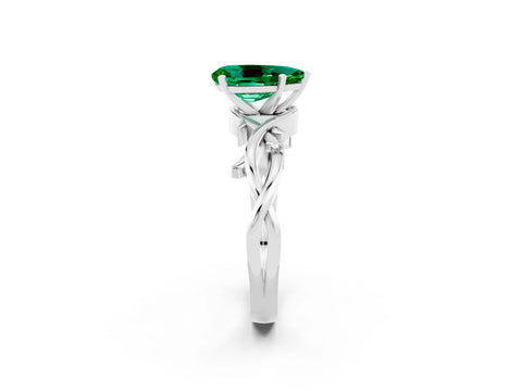 White gold Pear Cut Emerald Solitaire Ring with Twisted Band and Prong Setting_2