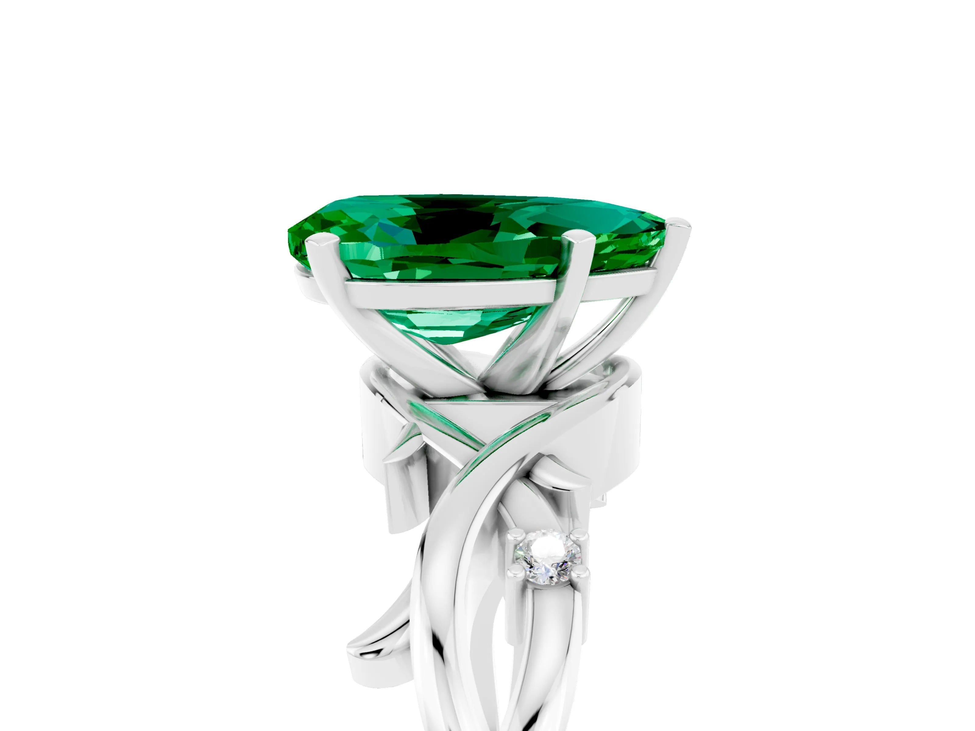 White gold Pear Cut Emerald Solitaire Ring with Twisted Band and Prong Setting_5