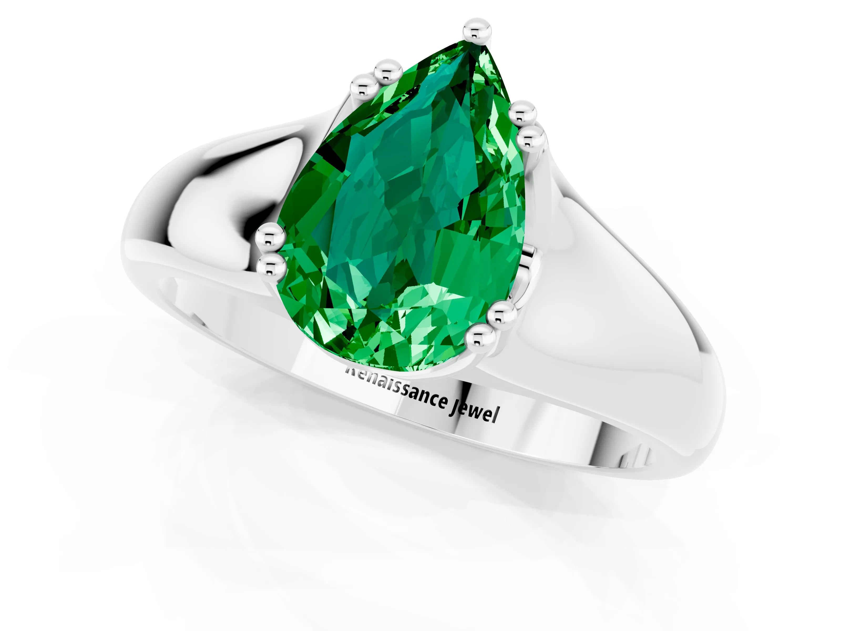 White gold Pear Cut Emerald Solitaire Ring with Wide Band and Prong Setting_1