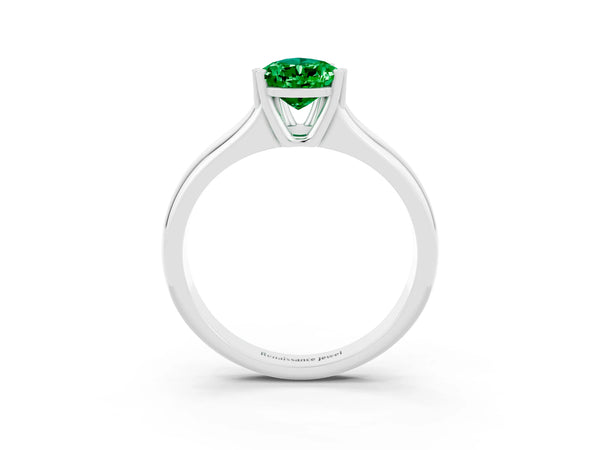 White gold Pear Cut Emerald Solitaire Ring with Wide Band and Prong Setting