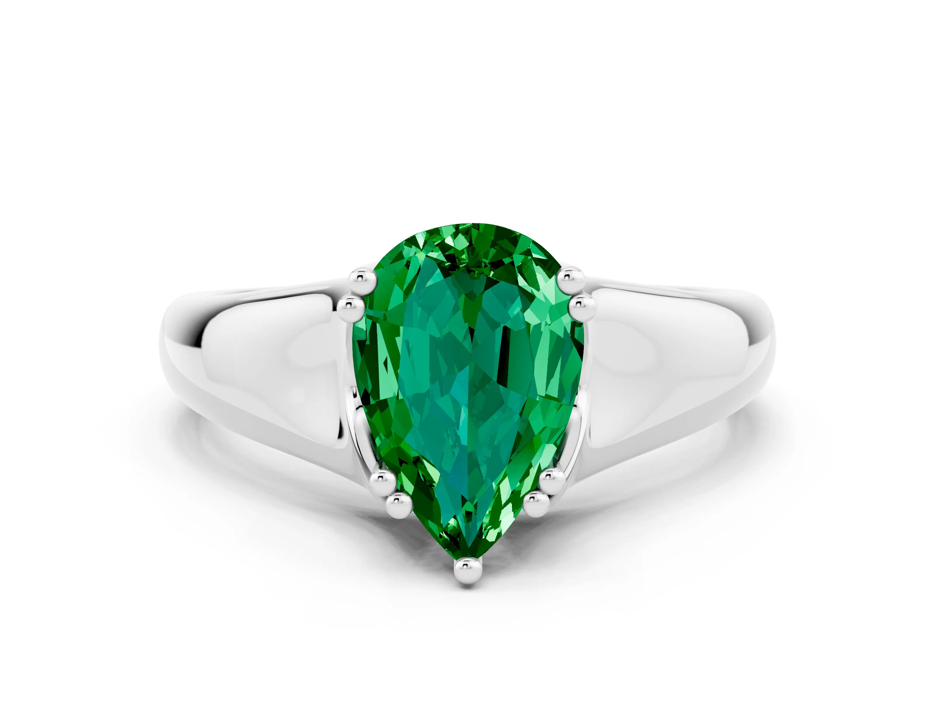 White gold Pear Cut Emerald Solitaire Ring with Wide Band and Prong Setting