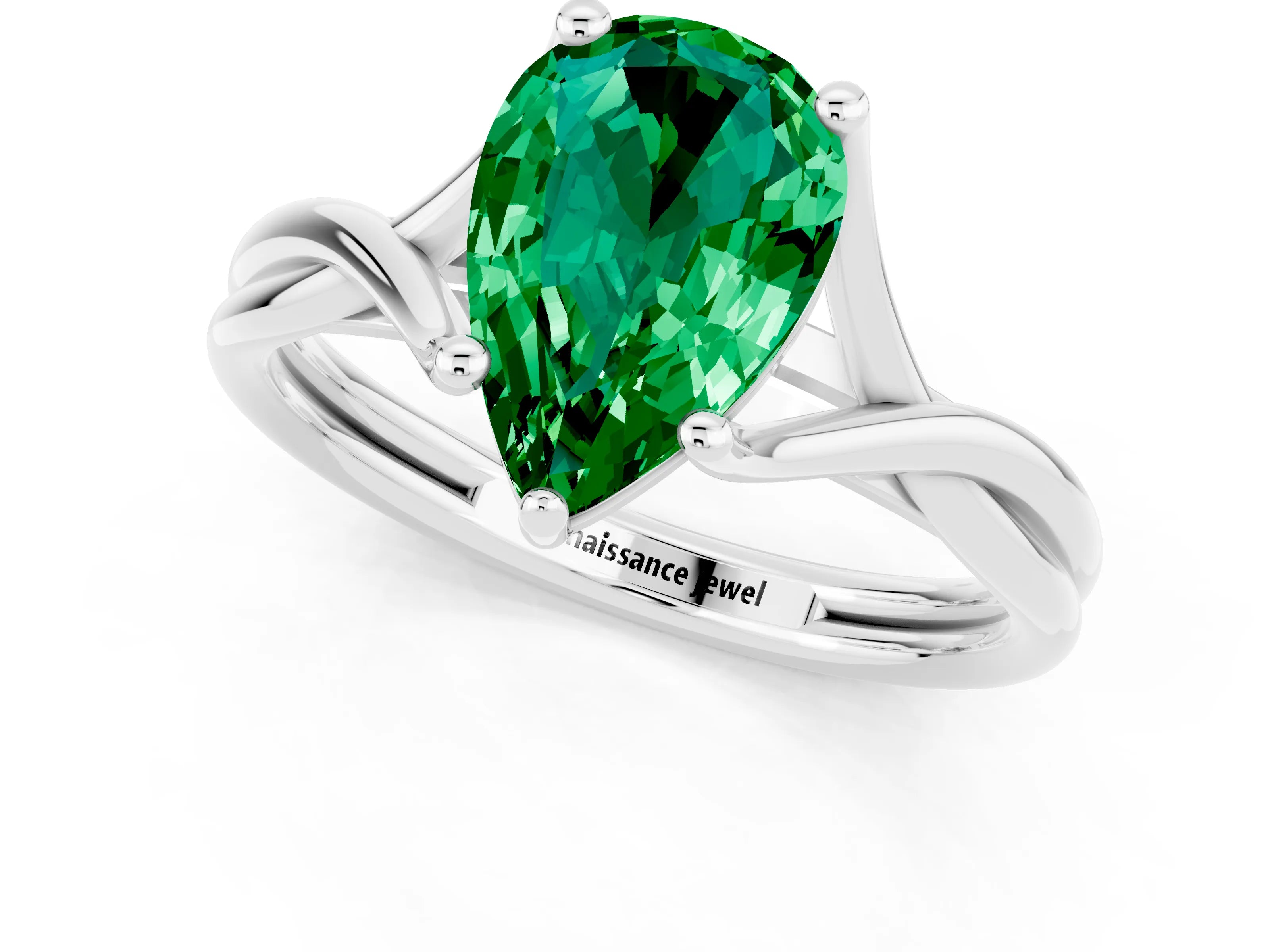 White gold Pear Cut Emerald Solitaire Twist Band Prong Setting Ring_37
