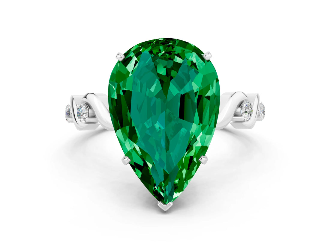 White gold Pear Cut Emerald Solitaire Twisted Band with Round  Accents and Prong Setting_12