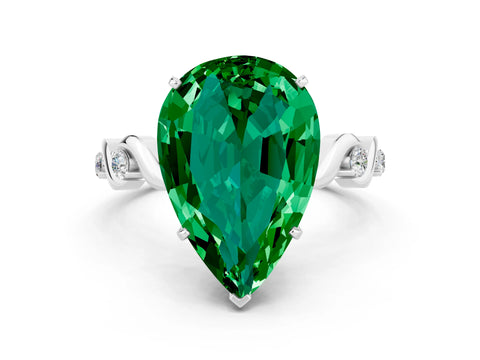 White gold Pear Cut Emerald Solitaire Twisted Band with Round  Accents and Prong Setting_12