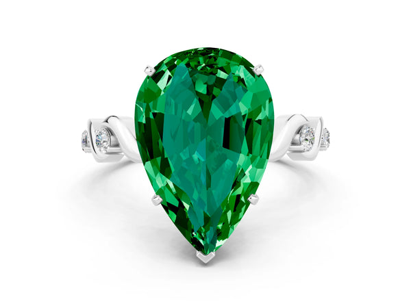 Silver Pear Cut Emerald Solitaire Twisted Band with Round  Accents and Prong Setting