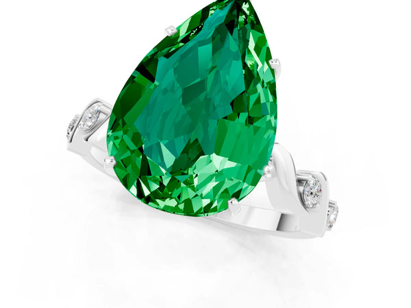 White gold Pear Cut Emerald Solitaire Twisted Band with Round  Accents and Prong Setting