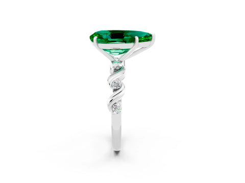 White gold Pear Cut Emerald Solitaire Twisted Band with Round  Accents and Prong Setting_14