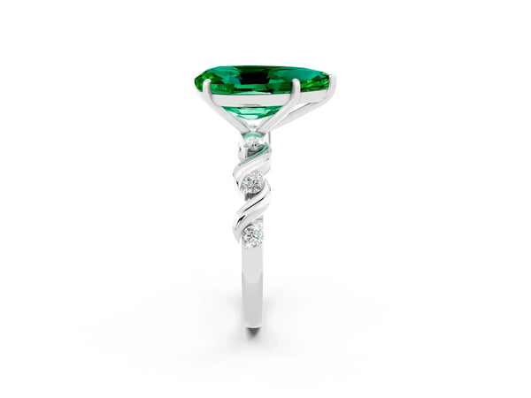Silver Pear Cut Emerald Solitaire Twisted Band with Round  Accents and Prong Setting