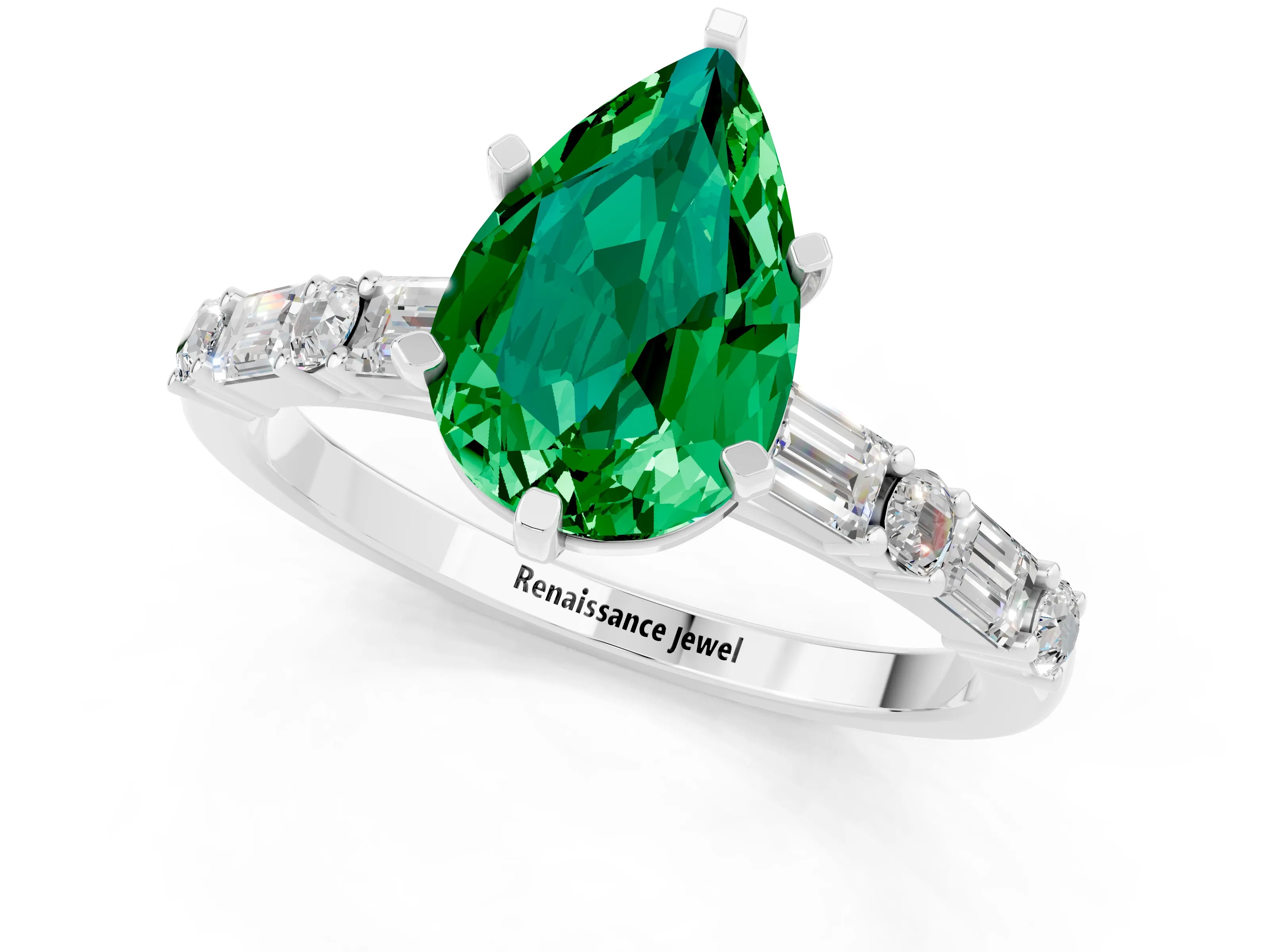 White gold Pear Cut Emerald Solitaire with Side Baguettes and Channel Set Band_1