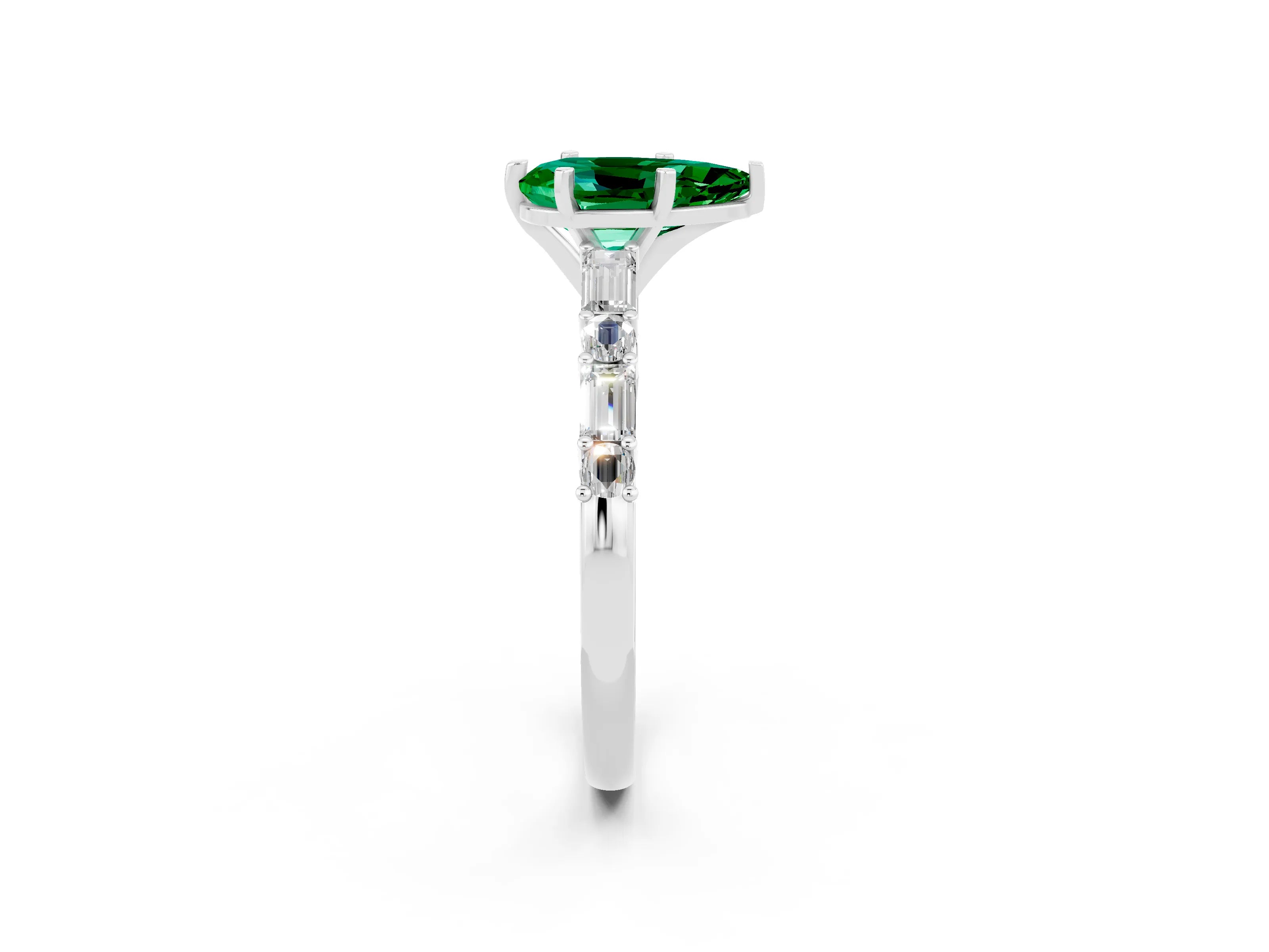 White gold Pear Cut Emerald Solitaire with Side Baguettes and Channel Set Band_2