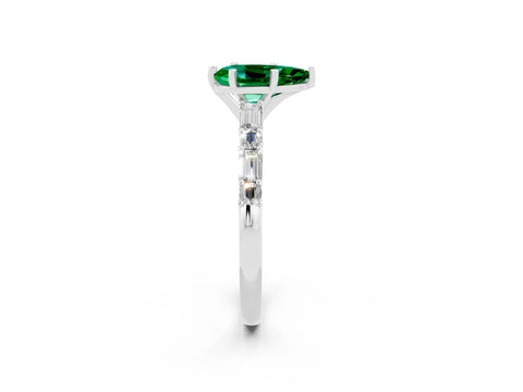White gold Pear Cut Emerald Solitaire with Side Baguettes and Channel Set Band_2