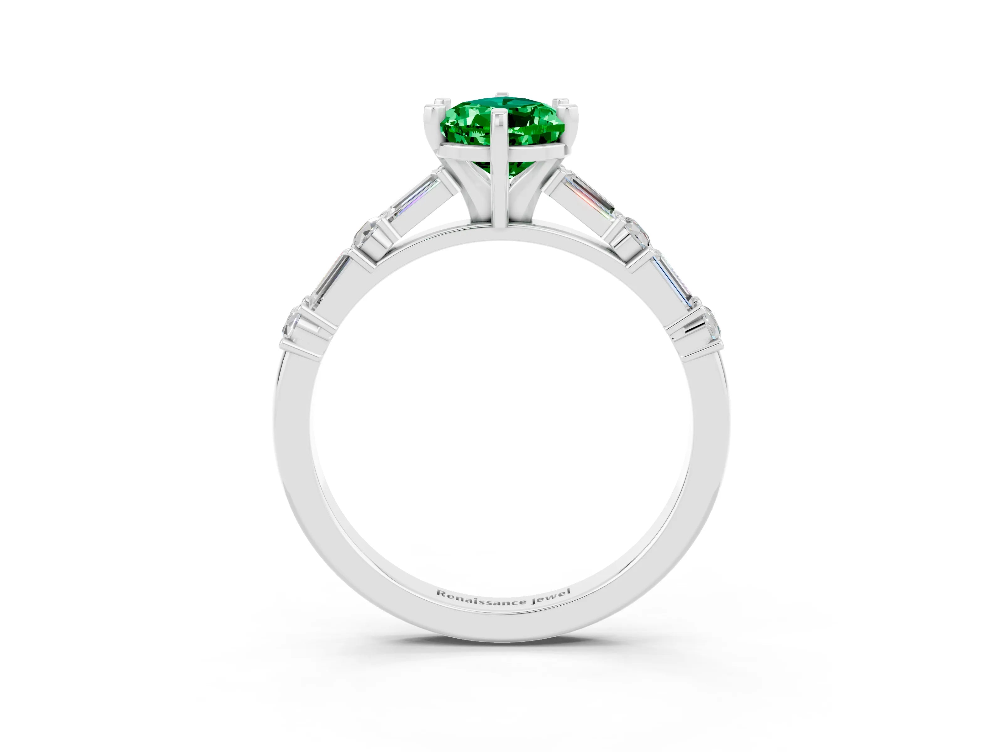 White gold Pear Cut Emerald Solitaire with Side Baguettes and Channel Set Band_3