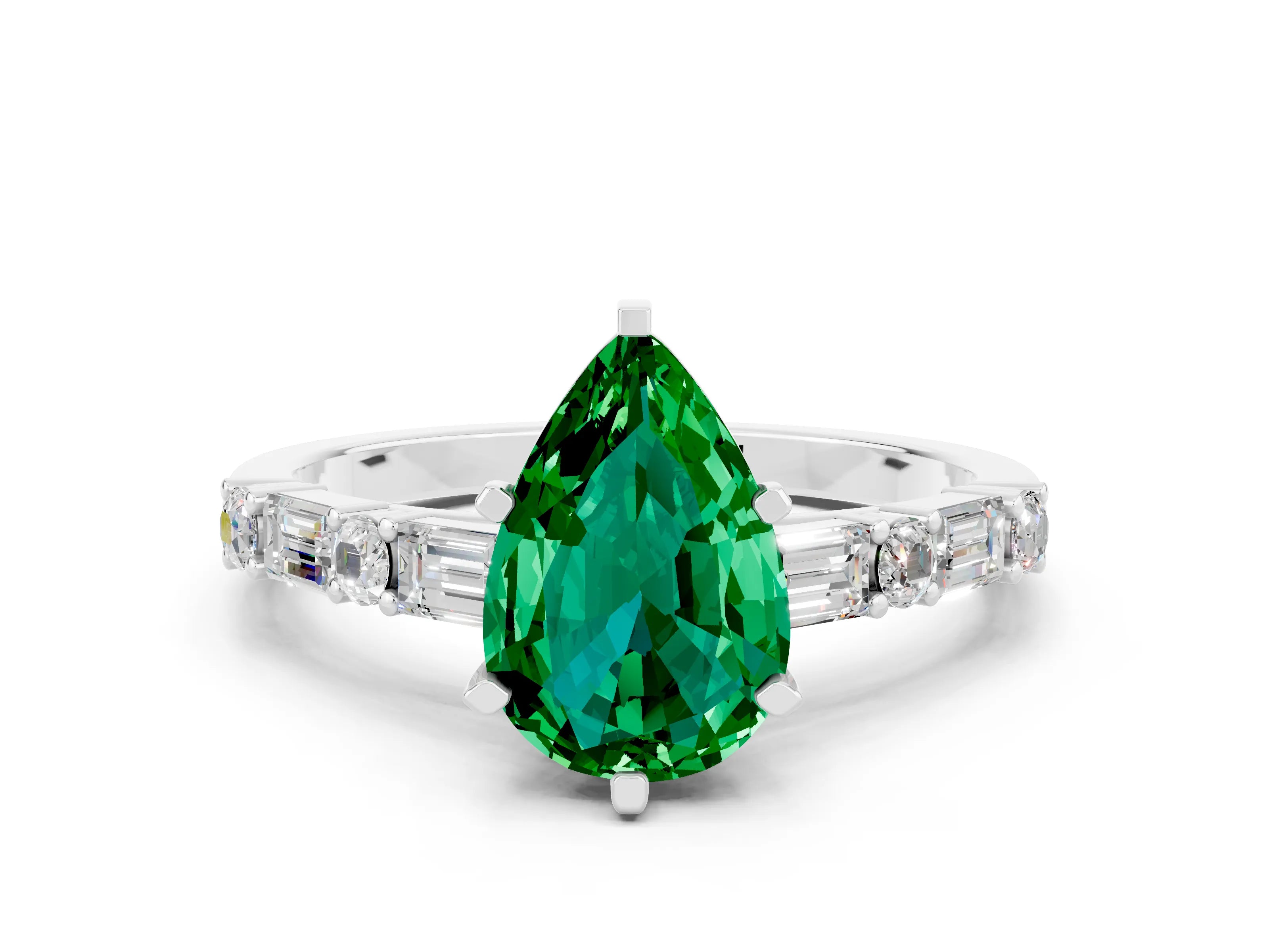 White gold Pear Cut Emerald Solitaire with Side Baguettes and Channel Set Band