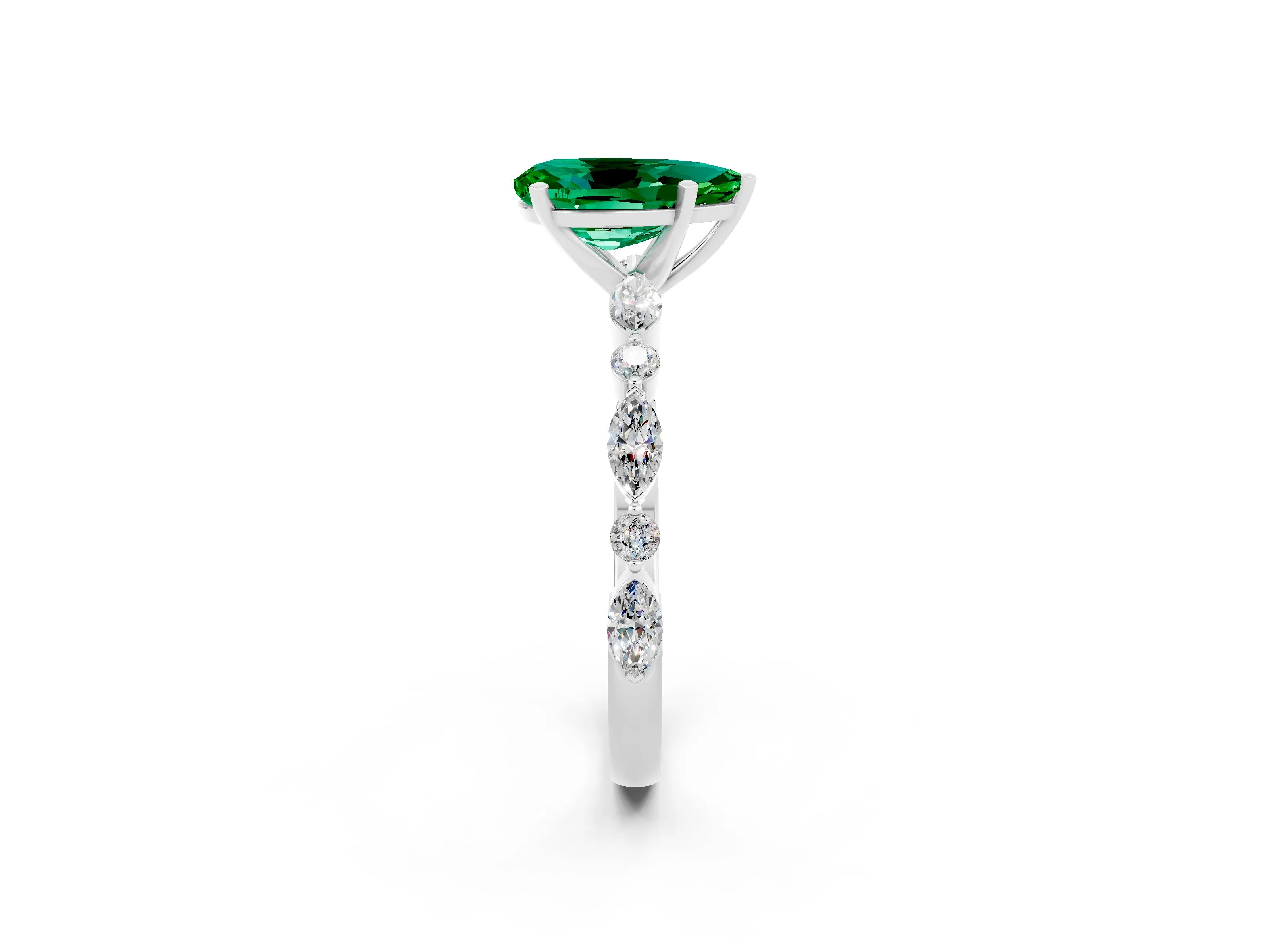 White gold Pear Cut Emerald Solitaire with Side Stones on a Pavé Band and Four-Prong Setting_2