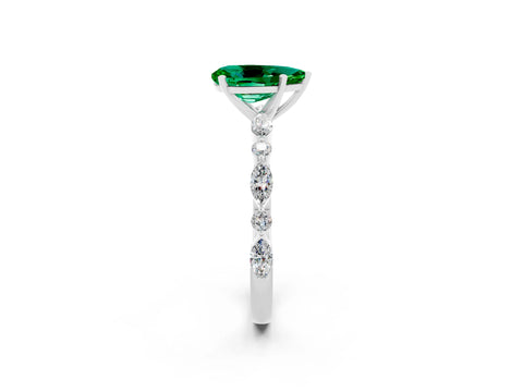 White gold Pear Cut Emerald Solitaire with Side Stones on a Pavé Band and Four-Prong Setting_2