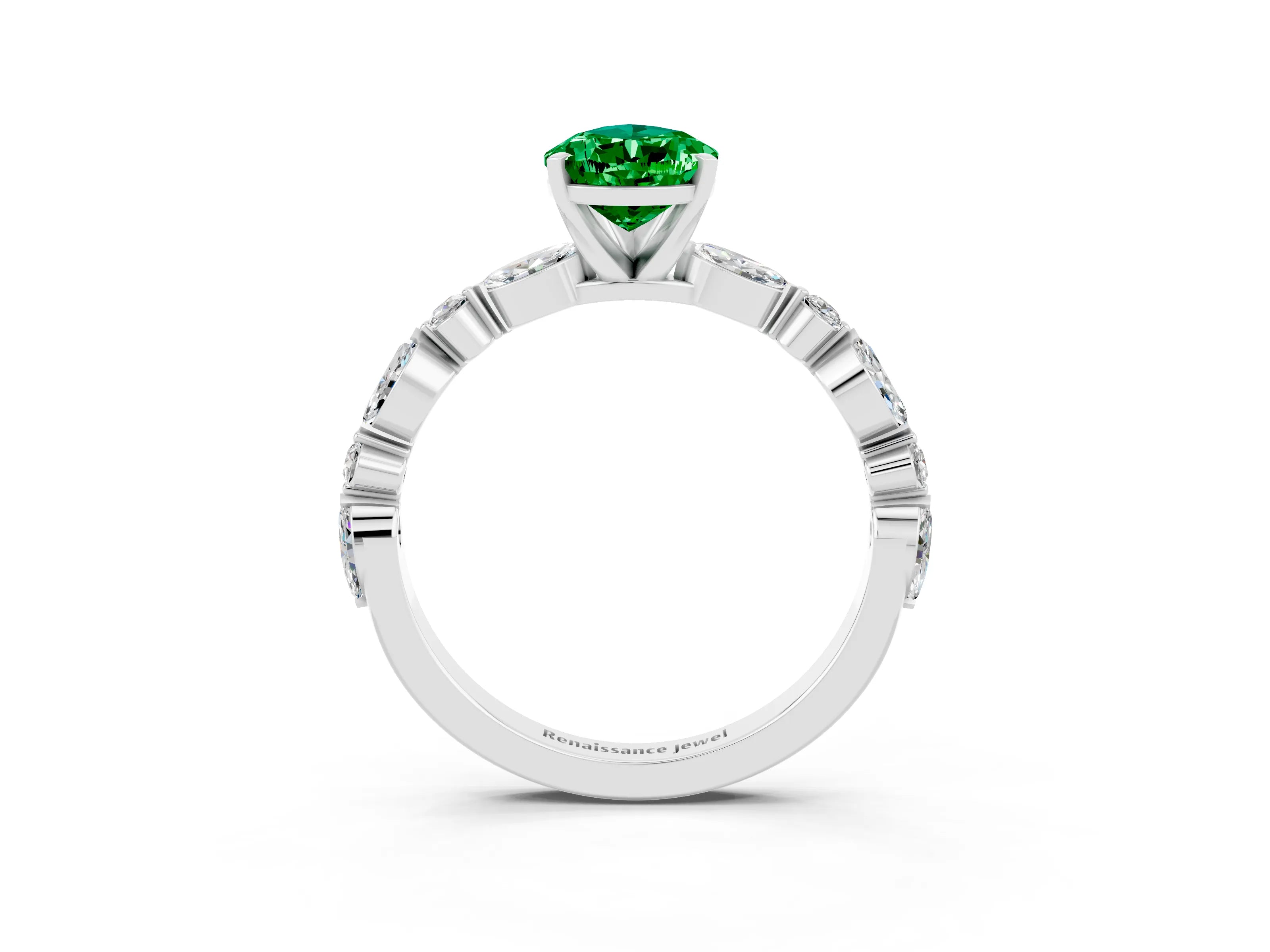 White gold Pear Cut Emerald Solitaire with Side Stones on a Pavé Band and Four-Prong Setting_3