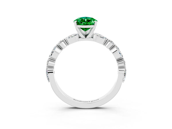 Silver Pear Cut Emerald Ring with Marquise and Round  Side Stones and Four-Prong Setting