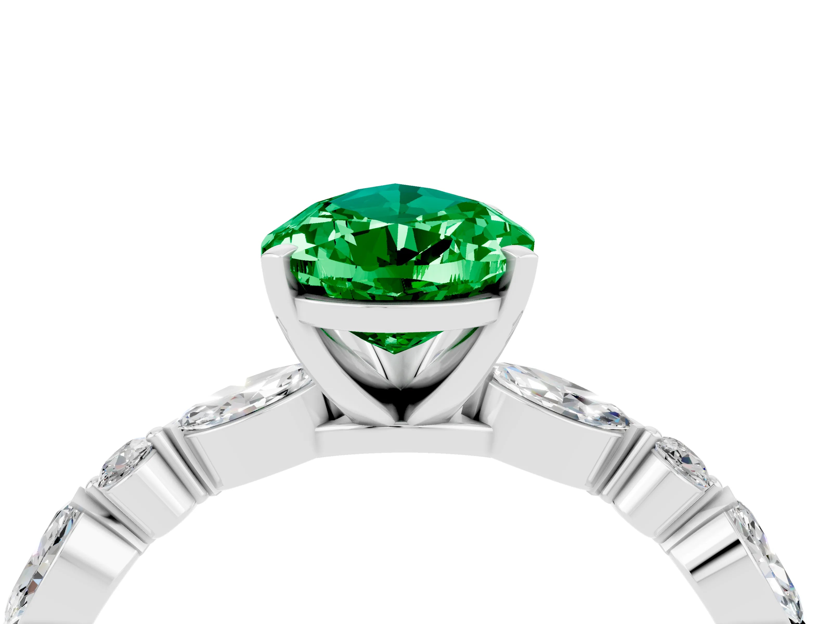 White gold Pear Cut Emerald Solitaire with Side Stones on a Pavé Band and Four-Prong Setting_4