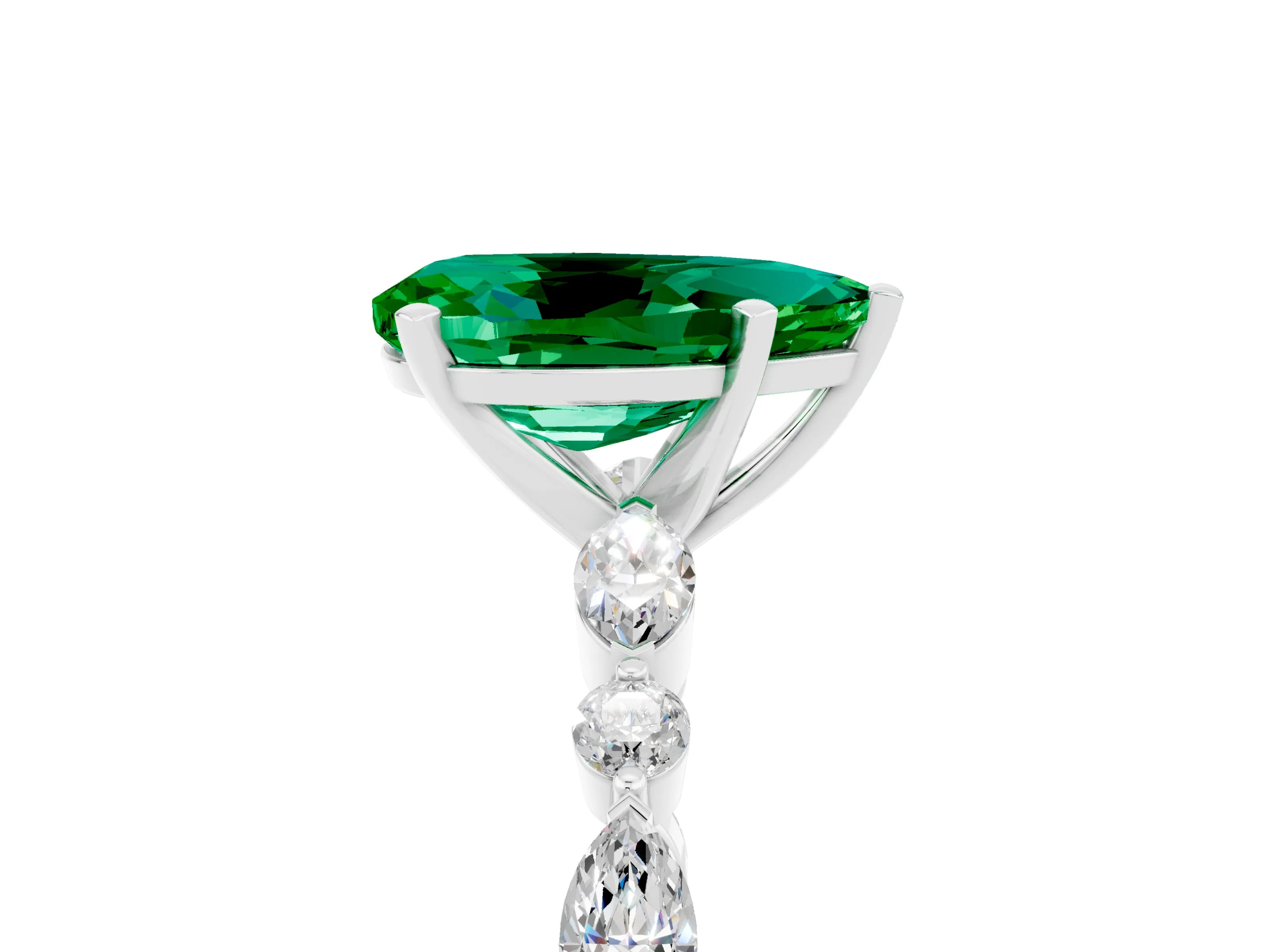 White gold Pear Cut Emerald Solitaire with Side Stones on a Pavé Band and Four-Prong Setting_5