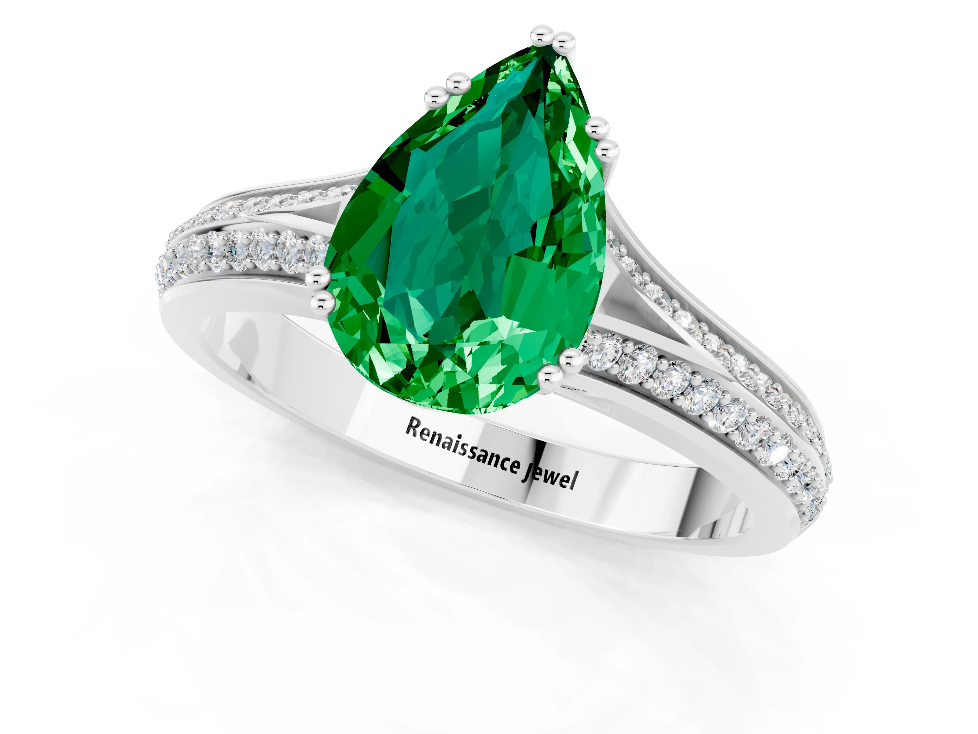 White gold Pear Cut Emerald Split Shank Engagement Ring with Pavé Band_1
