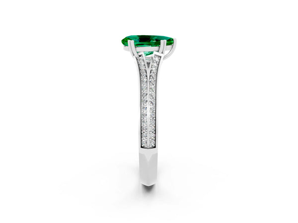 White gold Pear Cut Emerald Split Shank Engagement Ring with Pavé Band