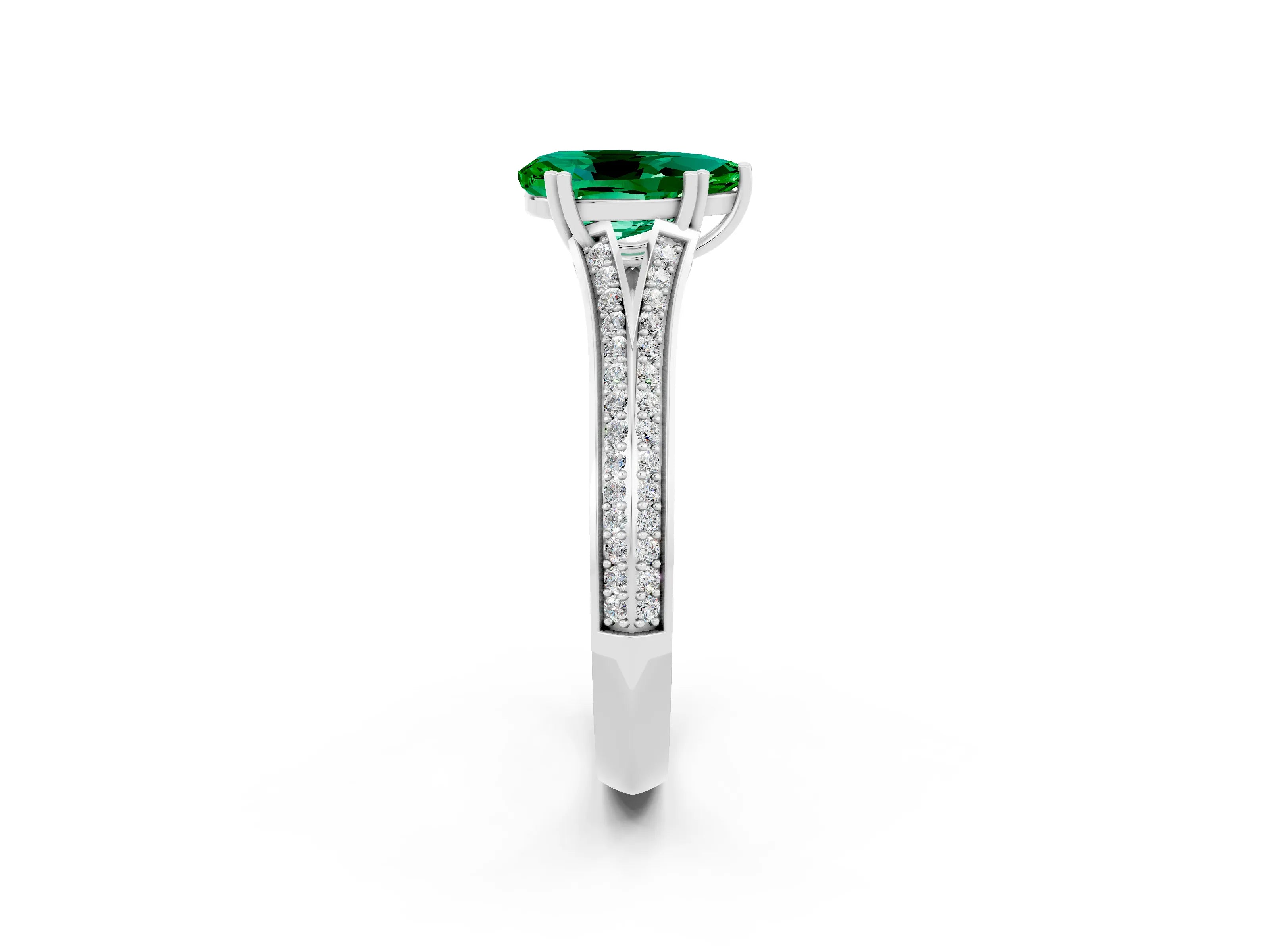 White gold Pear Cut Emerald Split Shank Engagement Ring with Pavé Band_2