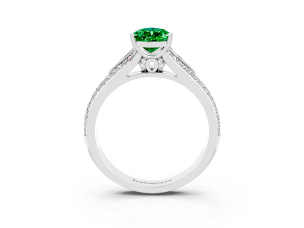 White gold Pear Cut Emerald Split Shank Engagement Ring with Pavé Band