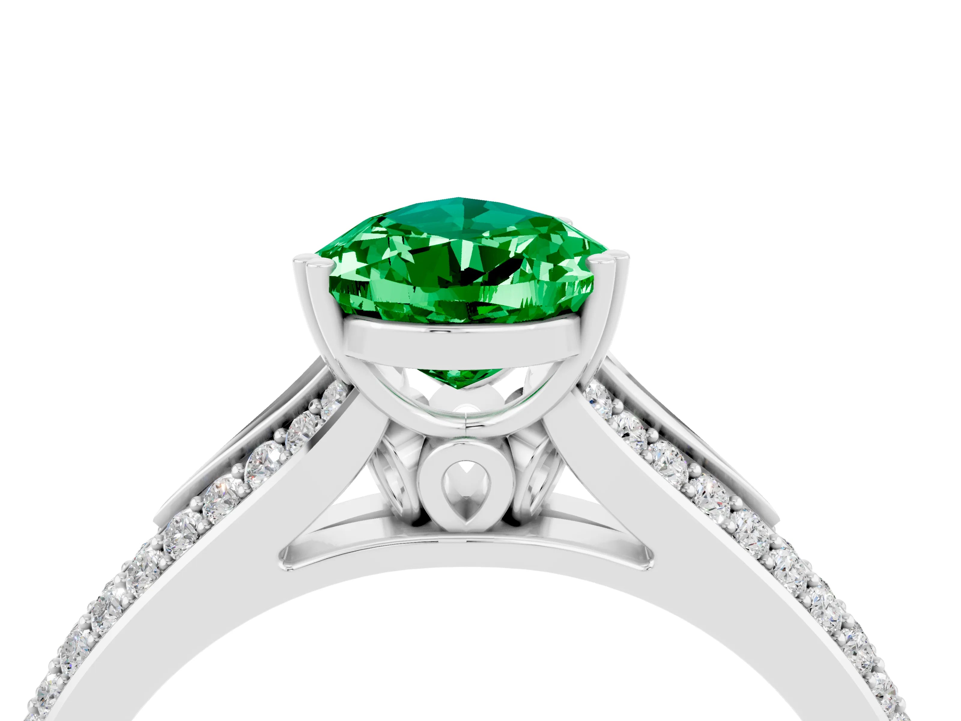 White gold Pear Cut Emerald Split Shank Engagement Ring with Pavé Band_4