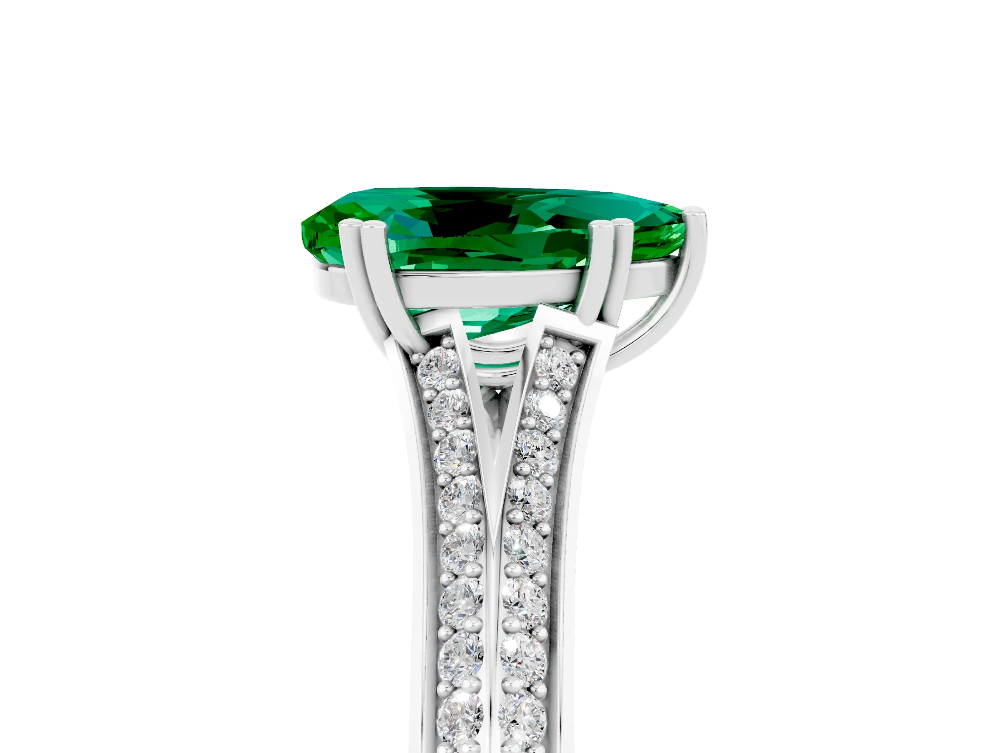 White gold Pear Cut Emerald Split Shank Engagement Ring with Pavé Band_5