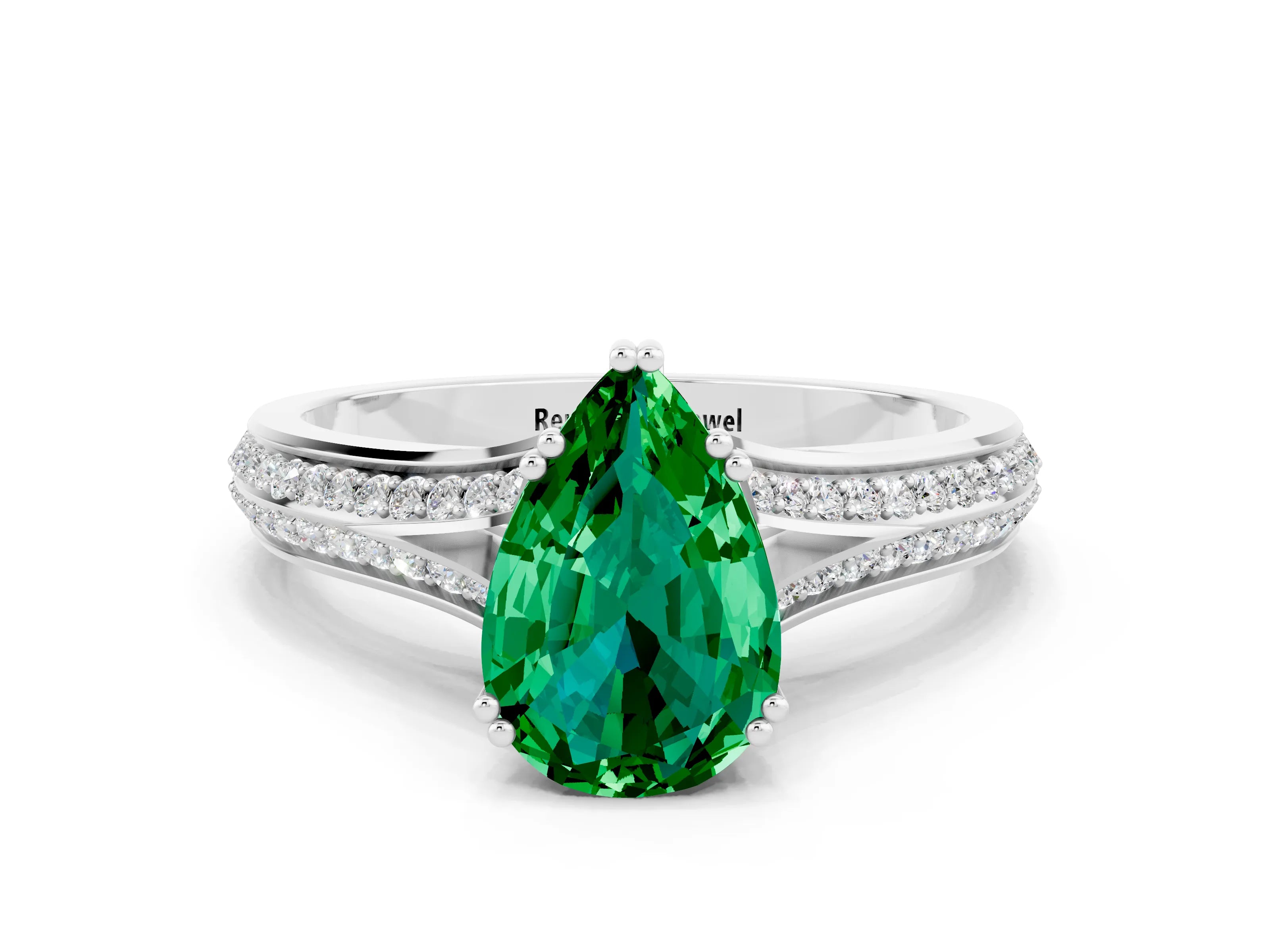 White gold Pear Cut Emerald Split Shank Engagement Ring with Pavé Band