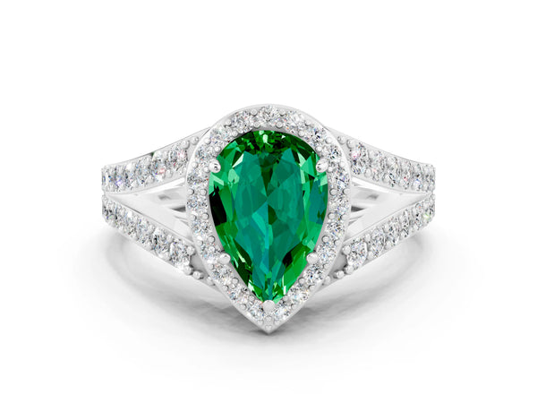Platinum Pear Cut Emerald Split Shank Halo Ring with Four-Prong Setting