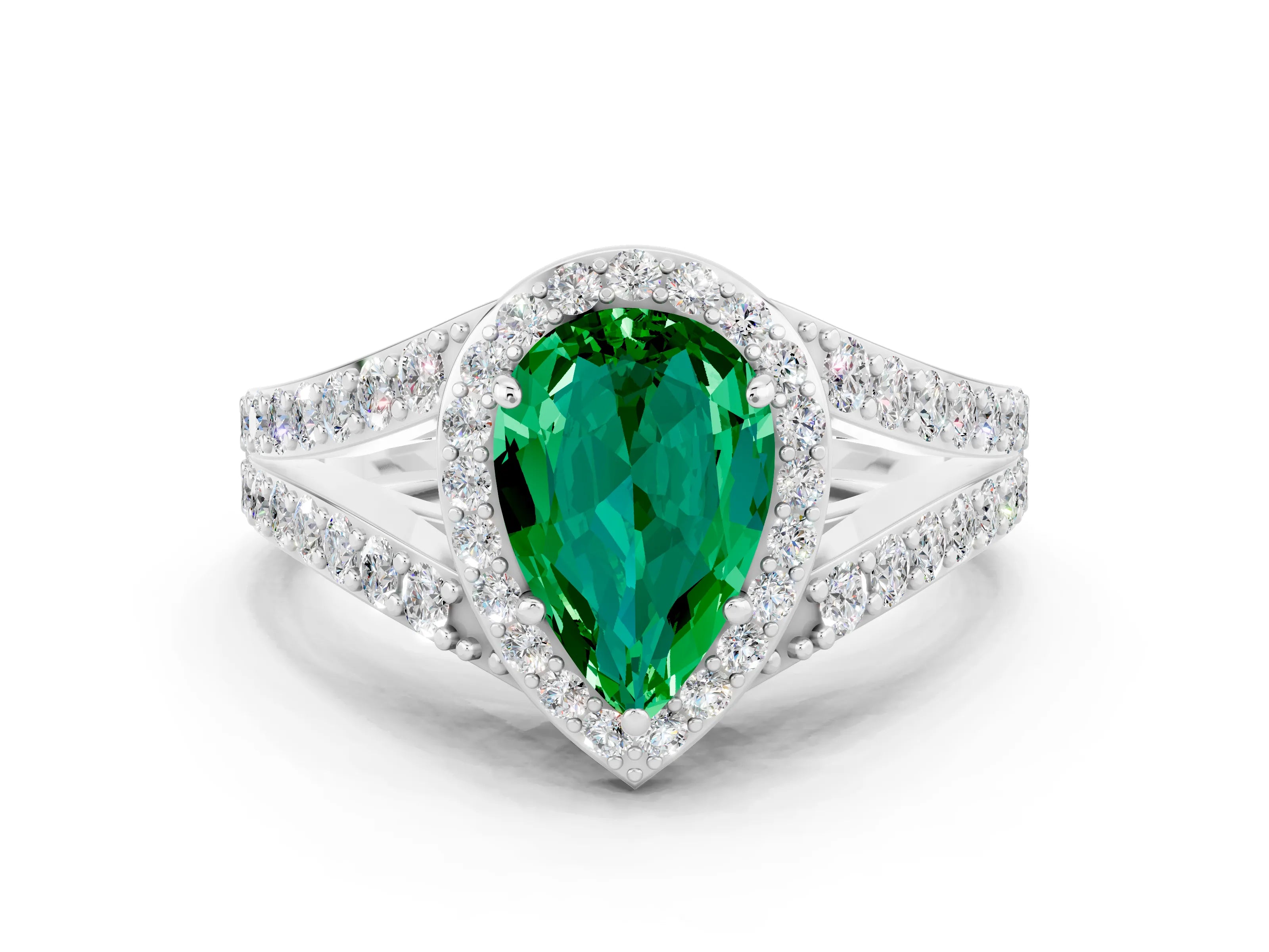 White gold Pear Cut Emerald Split Shank Halo Ring with Four-Prong Setting_12