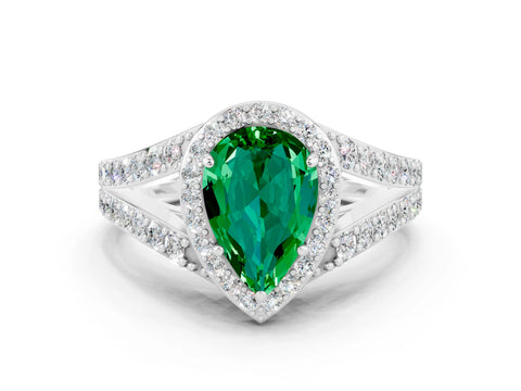 White gold Pear Cut Emerald Split Shank Halo Ring with Four-Prong Setting_12