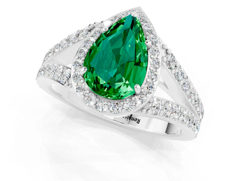 White gold Pear Cut Emerald Split Shank Halo Ring with Four-Prong Setting_13