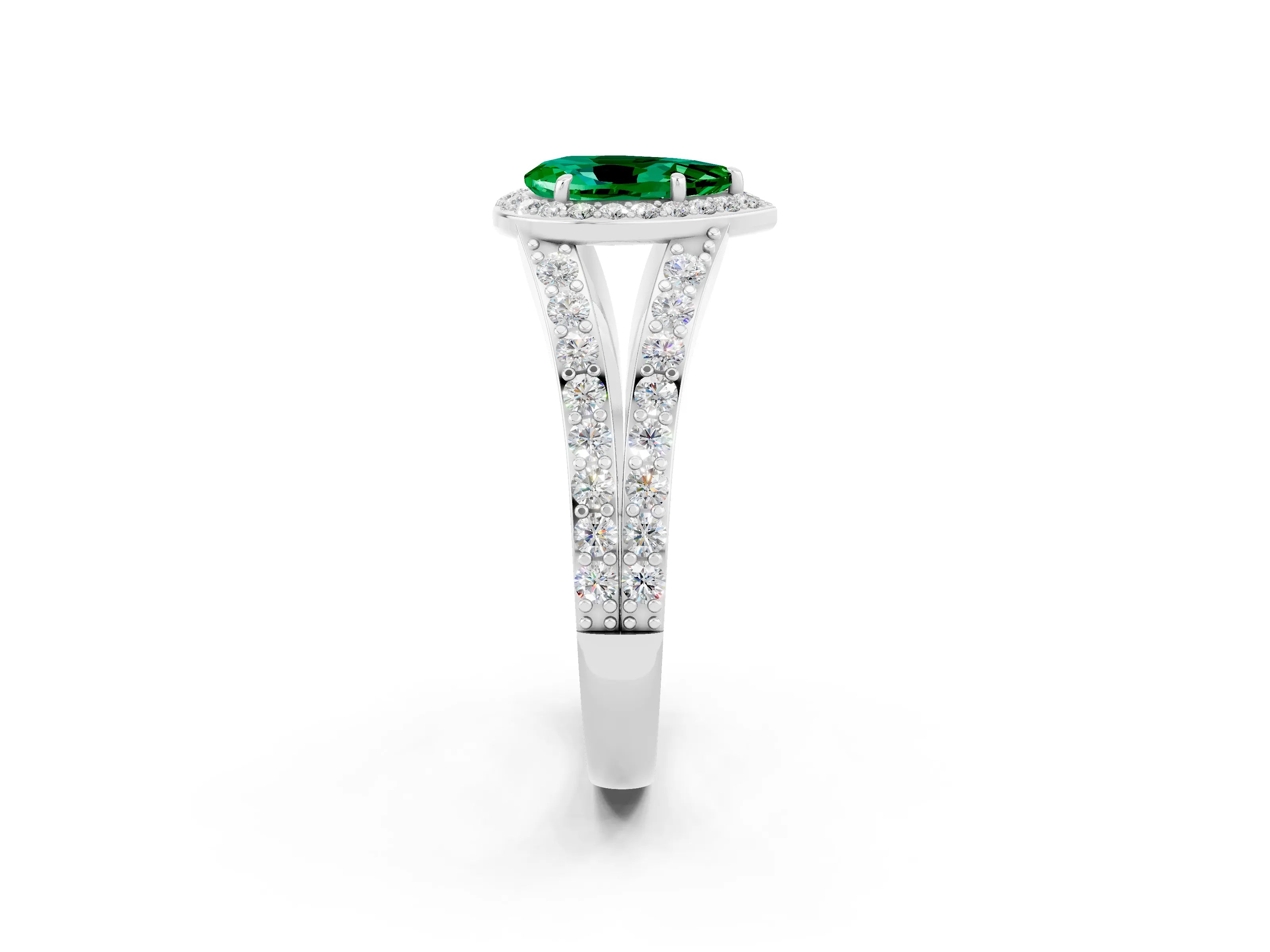 White gold Pear Cut Emerald Split Shank Halo Ring with Four-Prong Setting_14